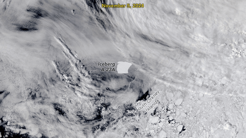 gif showing a range of NASA Earth Observatory images of the iceberg, illustrating how it has essentially been rotating in the ocean. gif showing a range of NASA Earth Observatory images of the iceberg, illustrating how it has essentially been rotating in the ocean.