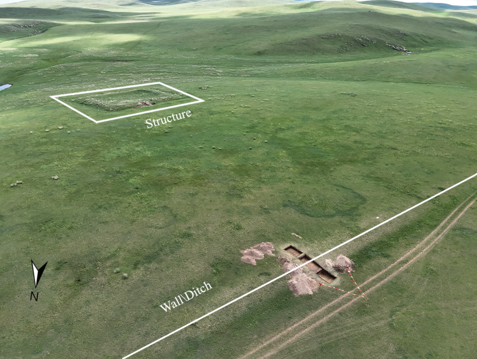 Location of a significant structure and the wall-trench line on Mongolian landscape. Location of a significant structure and the wall-trench line on Mongolian landscape.