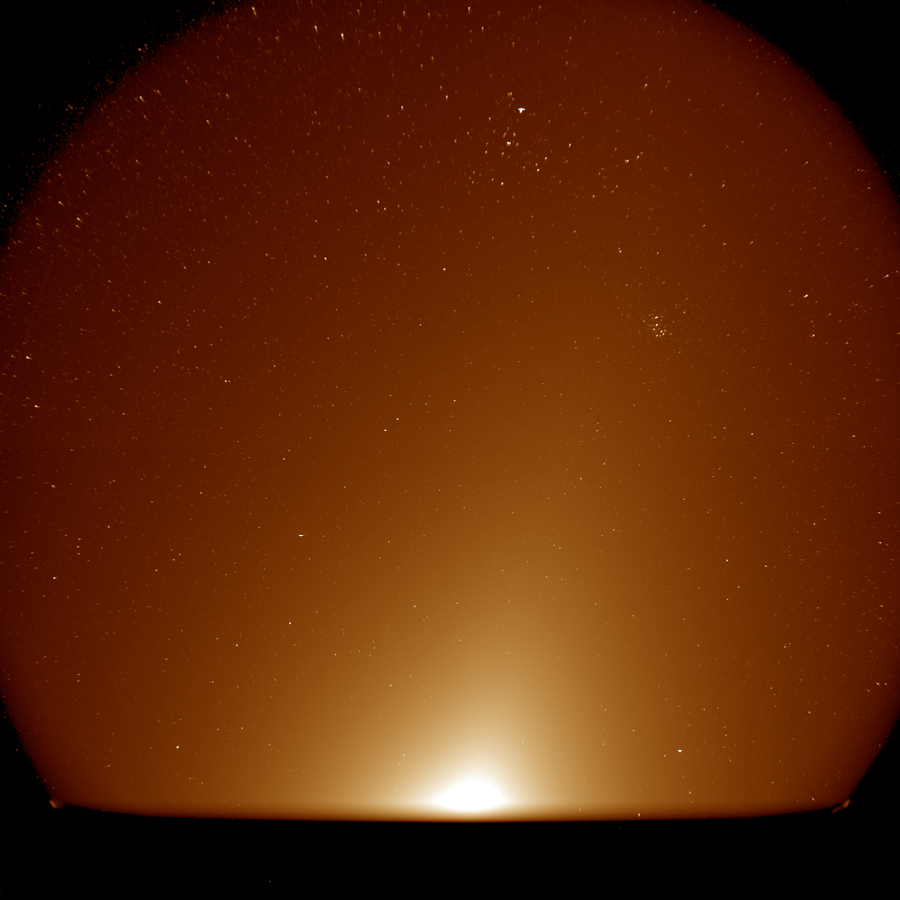 The instrument’s wide field of view reveals the glow of zodiacal light stretching up and to the right. The V shape of the Hyades star cluster appears near the top, with the more compact Pleiades star cluster to the lower right. The instrument’s wide field of view reveals the glow of zodiacal light stretching up and to the right. The V shape of the Hyades star cluster appears near the top, with the more compact Pleiades star cluster to the lower right.