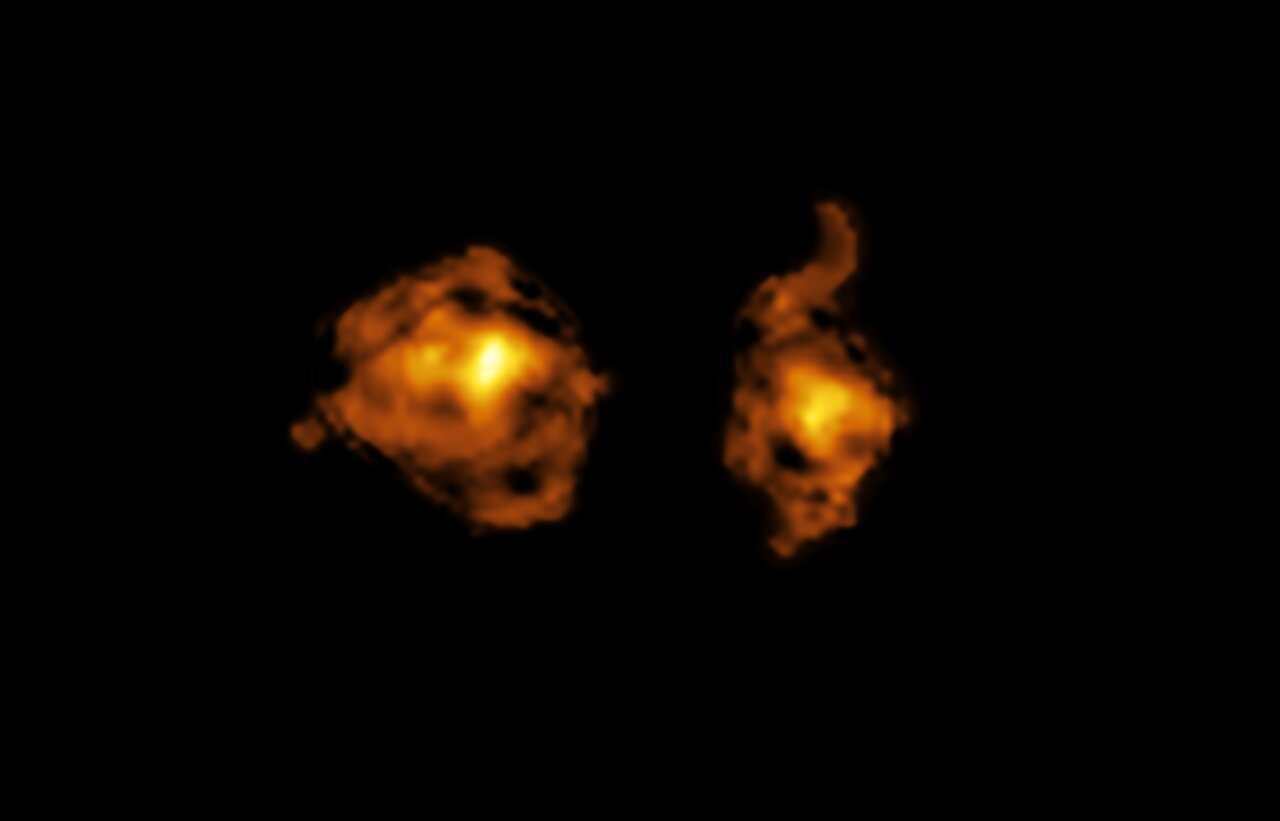 the two galaxies look like wispi clouds with an active center. no interaction is visible. the two galaxies look like wispi clouds with an active center. no interaction is visible.