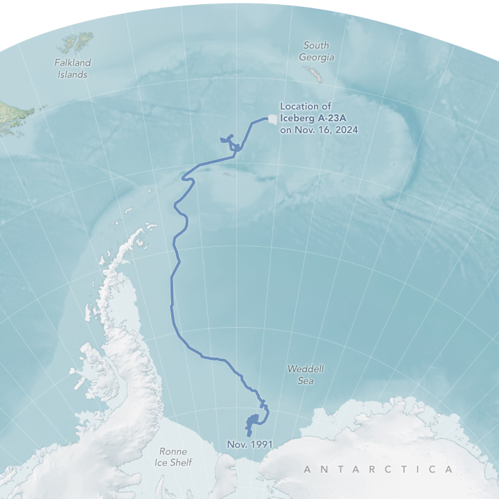 A visual of the journey taken by iceberg A-23A between 1991 and November 2024 A visual of the journey taken by iceberg A-23A between 1991 and November 2024