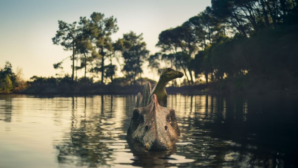 spinosaurus with its young on its back as it swims in a river spinosaurus with its young on its back as it swims in a river