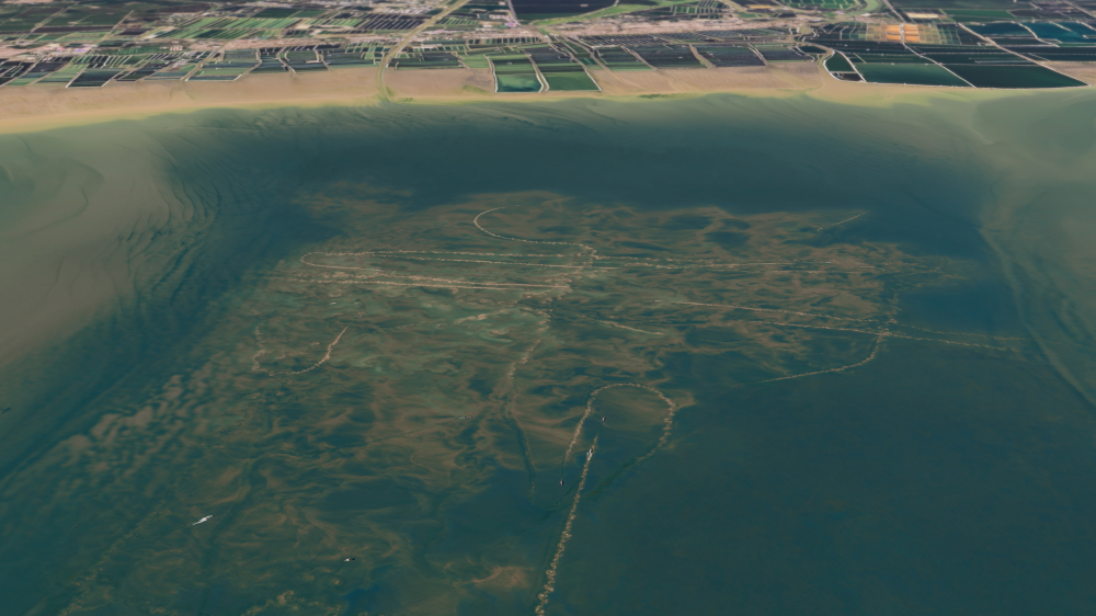 An aerial view of the impacts of bottom trawling on the ocean floor, showing plumes carved in all directions, destroying the seabed An aerial view of the impacts of bottom trawling on the ocean floor, showing plumes carved in all directions, destroying the seabed
