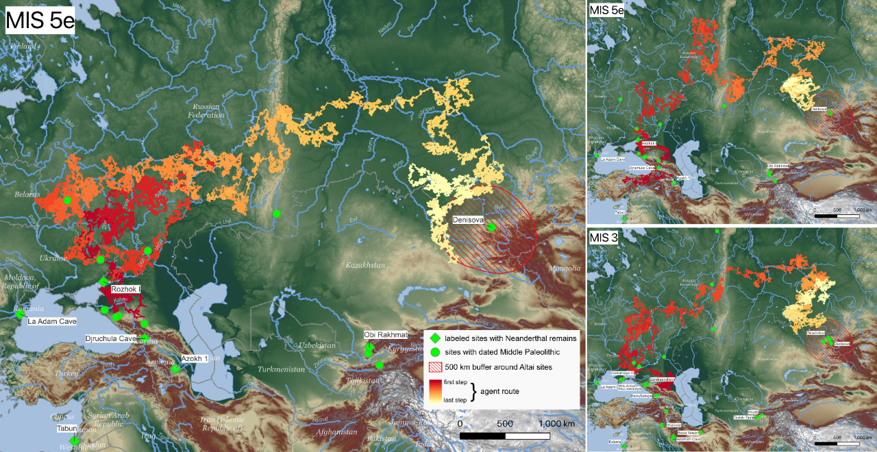 Computer simulations show Neanderthals could have reached Siberia's Altai Mountains within 2,000 years during warm periods—either around 125,000 (MIS 5e) or 60,000 years ago (MIS 3)—via one of three possible routes. Computer simulations show Neanderthals could have reached Siberia's Altai Mountains within 2,000 years during warm periods—either around 125,000 (MIS 5e) or 60,000 years ago (MIS 3)—via one of three possible routes.