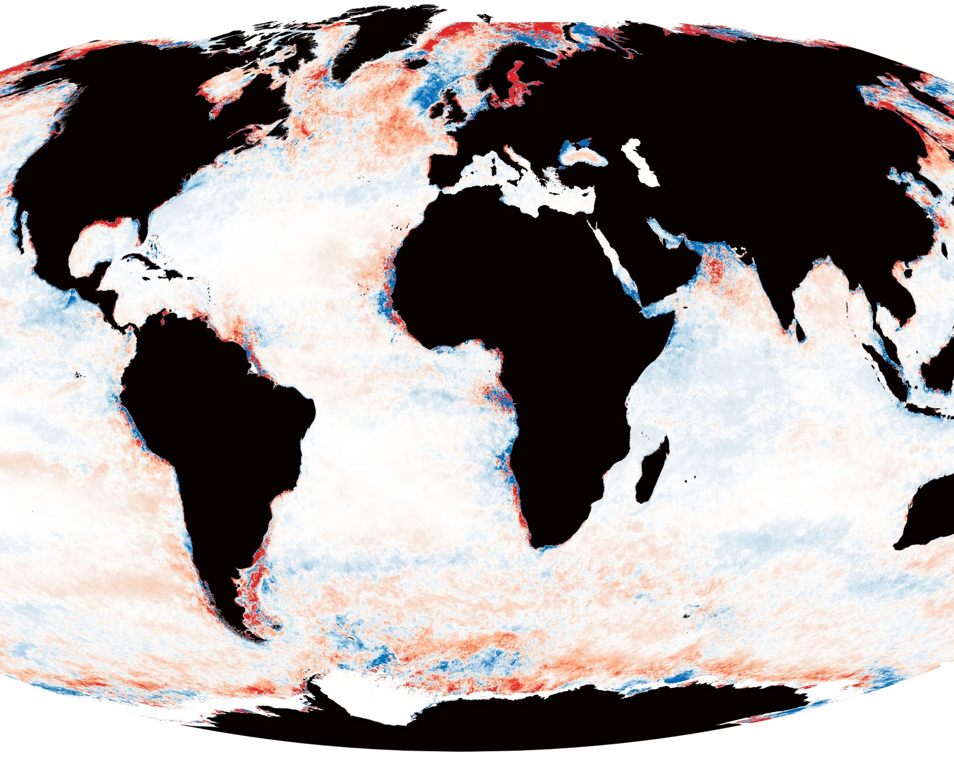 Changes in global photic zones between 2003 and 2022 are shown with red areas to indicate ocean darkening and blue lightening. Changes in global photic zones between 2003 and 2022 are shown with red areas to indicate ocean darkening and blue lightening.