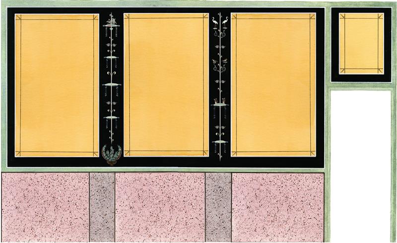 The image shows how the panels would have appeared when they were assembled. They show three rectangular yellow designs with black borders next to one another. The borders that touch have white designs on them including birds, flowers and other patterns. In the top right hand corner is a smaller version of the yellow rectangle with a black border and below each of the three large rectangles are three squares made of a red speckled marble. The image shows how the panels would have appeared when they were assembled. They show three rectangular yellow designs with black borders next to one another. The borders that touch have white designs on them including birds, flowers and other patterns. In the top right hand corner is a smaller version of the yellow rectangle with a black border and below each of the three large rectangles are three squares made of a red speckled marble.