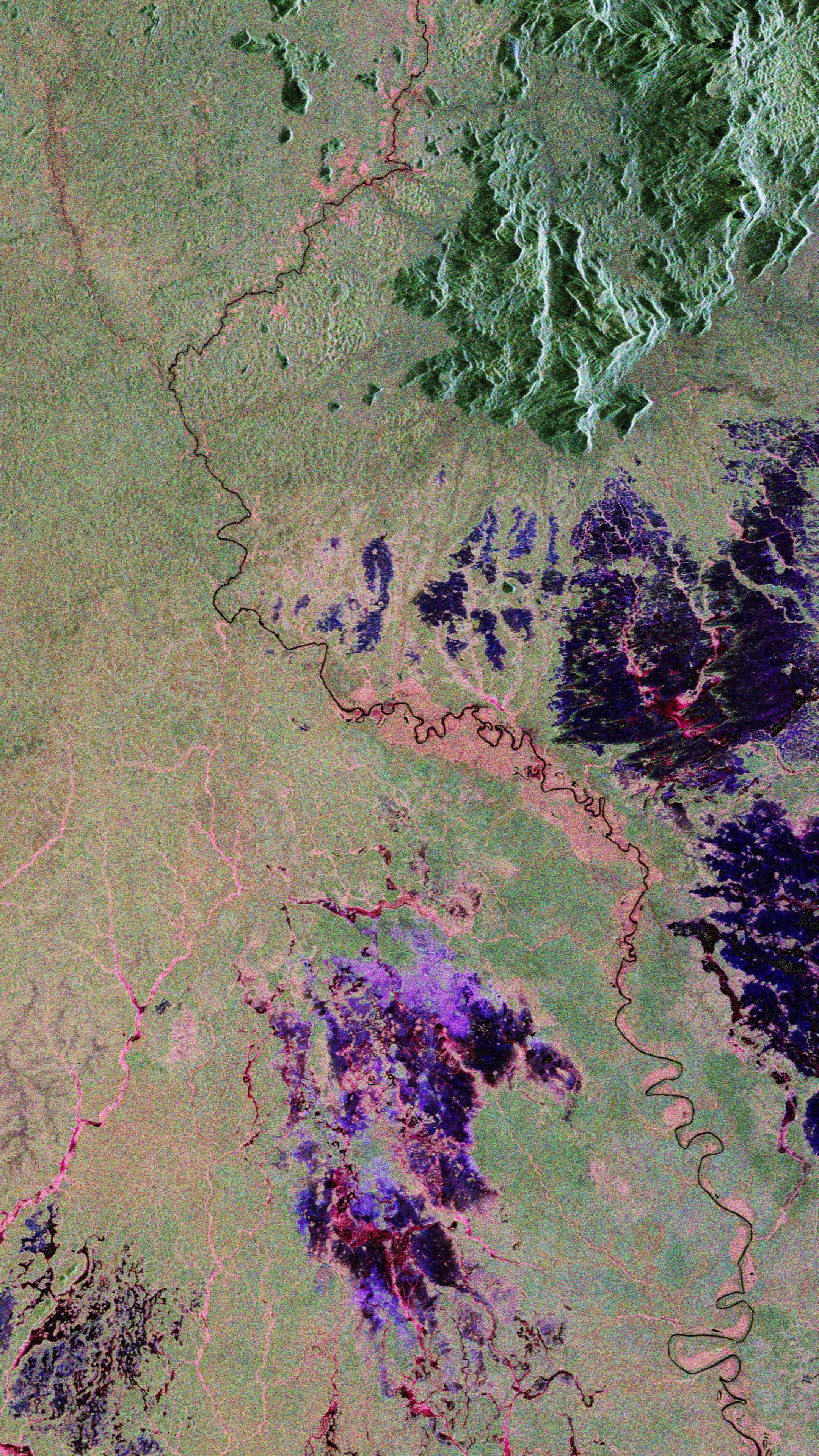 A long meanering river is seen across a mostly smooth green plane. Some dark blue regions are surrounded by red areas: swampland and there are some mountains ing dark green A long meanering river is seen across a mostly smooth green plane. Some dark blue regions are surrounded by red areas: swampland and there are some mountains ing dark green