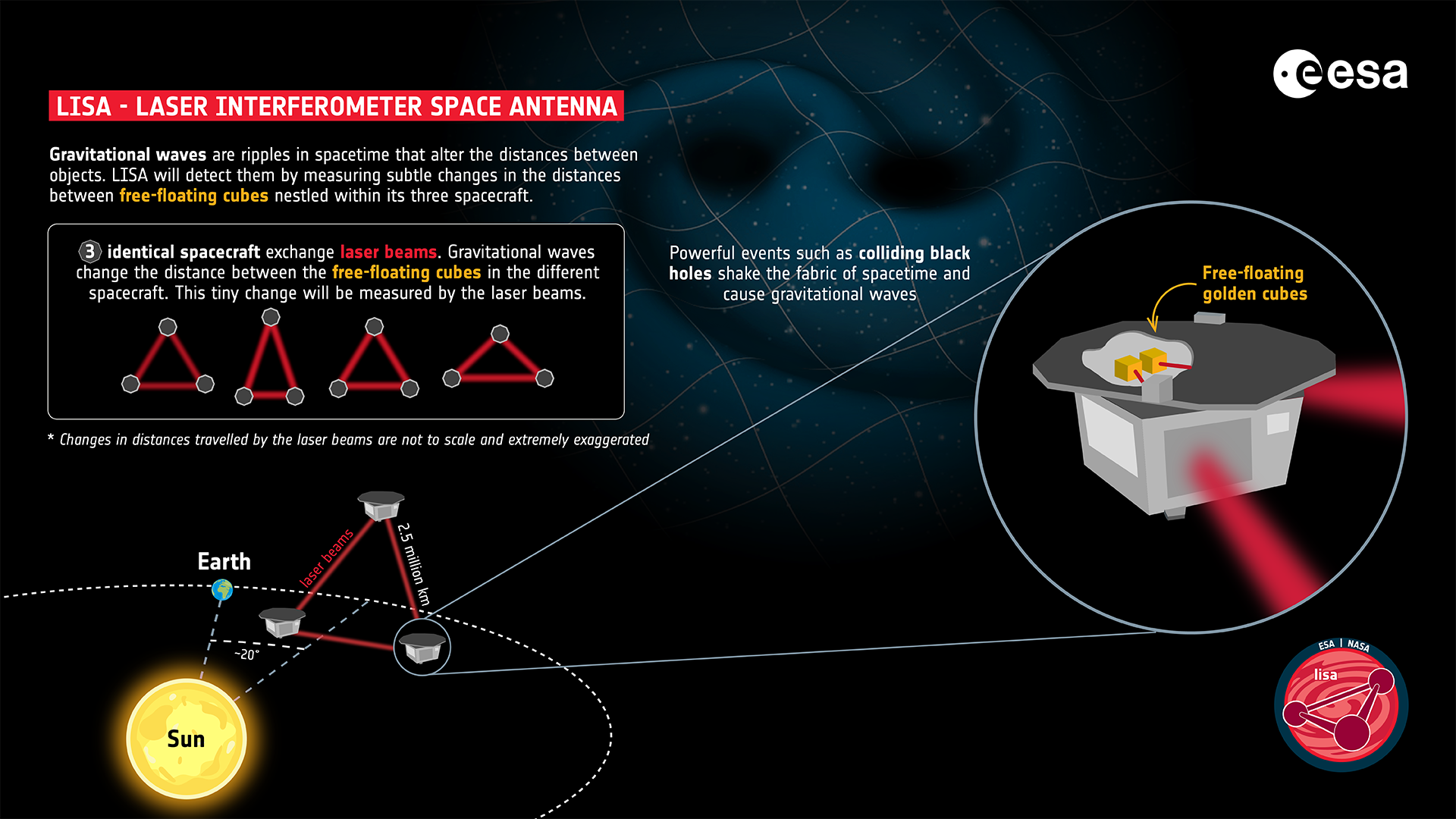 Infographic providing information on gravitational waves and how the LISA mission will measure them using laser beams and free-floating cubes. The image shows the three LISA spacecraft in orbit with the Earth and Sun visible. A zoomed in circle focuses on one of the spacecraft and the two golden cubes it contains. In the background an illustration of two colliding black holes is creating ripples in spacetime. Another box shows a sequence of triangles to demonstrate the effect gravitational waves will have on the distance travelled by LISA’s laser beams Infographic providing information on gravitational waves and how the LISA mission will measure them using laser beams and free-floating cubes. The image shows the three LISA spacecraft in orbit with the Earth and Sun visible. A zoomed in circle focuses on one of the spacecraft and the two golden cubes it contains. In the background an illustration of two colliding black holes is creating ripples in spacetime. Another box shows a sequence of triangles to demonstrate the effect gravitational waves will have on the distance travelled by LISA’s laser beams