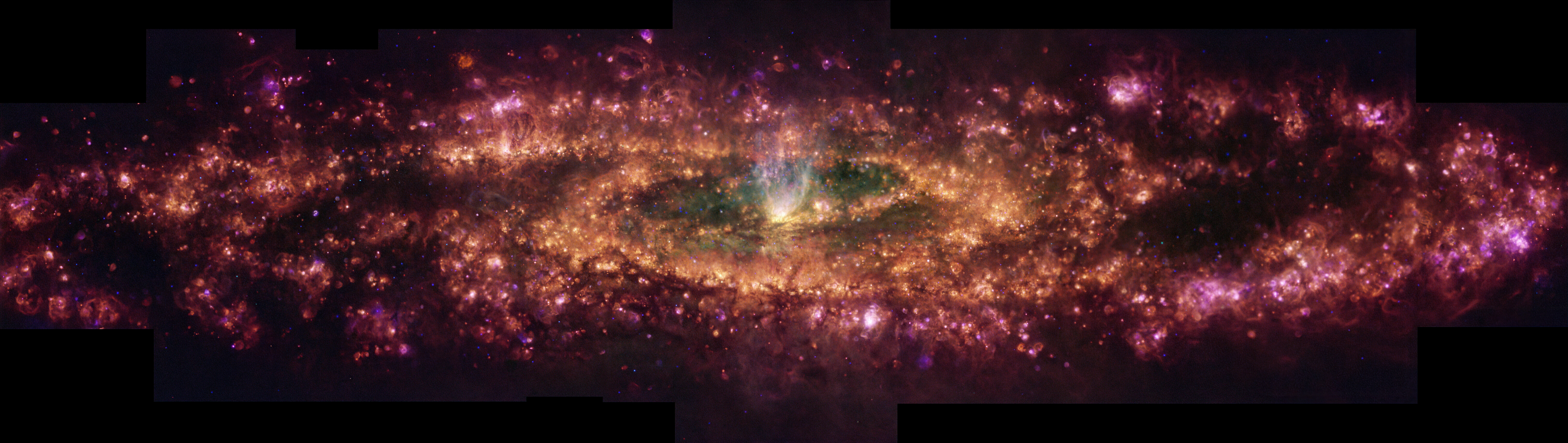 This false-color composition shows wavelengths of light released by hydrogen (pink), nitrogen (red), sulphur (yellow), and oxygen (green). The cone of white light is the outflow of gas from the glaxy's central black hole. This false-color composition shows wavelengths of light released by hydrogen (pink), nitrogen (red), sulphur (yellow), and oxygen (green). The cone of white light is the outflow of gas from the glaxy's central black hole.