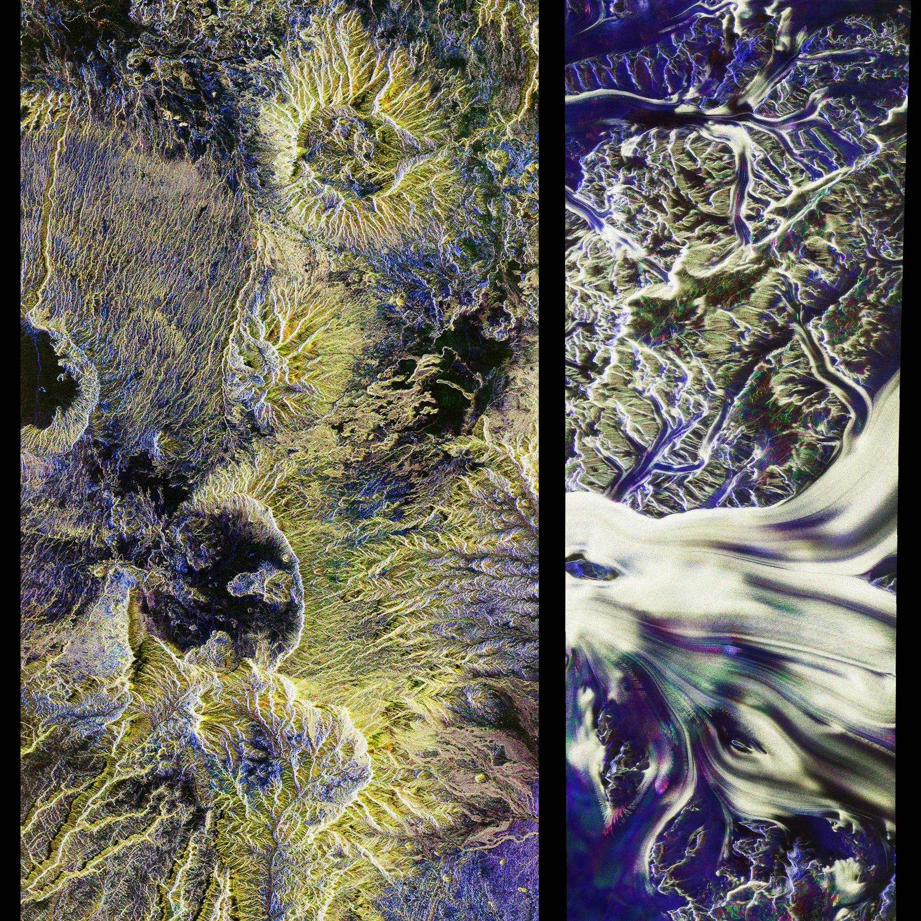 The two images side by side show rocks carved by millenia of ice and water. Filaments stretching downhill across multiple directions. The two images side by side show rocks carved by millenia of ice and water. Filaments stretching downhill across multiple directions.