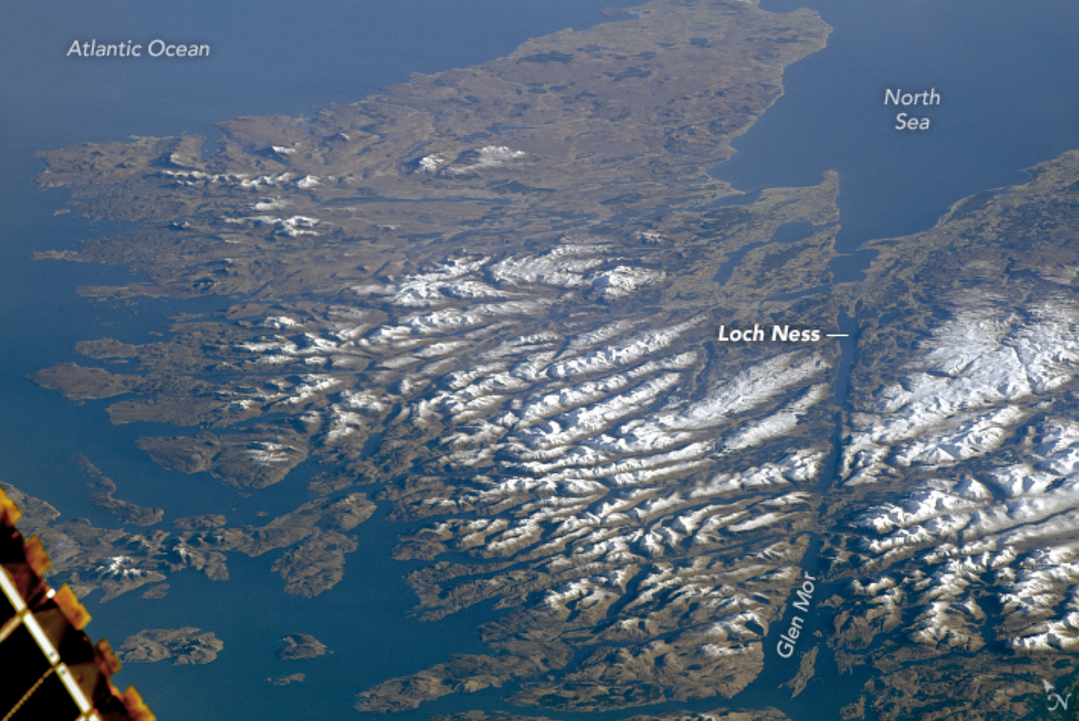 An astronaut on the ISS captured this image of the Scottish Highlands showing the fault zone marked by numerous elongated lakes (aka lochs).