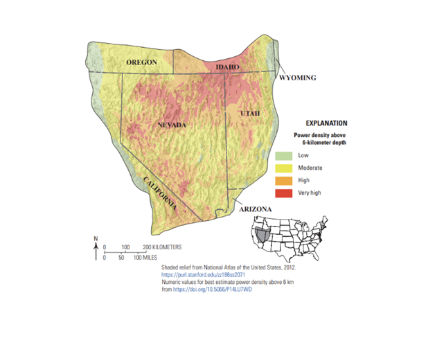 Map showing the Geothermal energy that's beneath The Great Basin in Nevada and parts of neighbouring states. Map showing the Geothermal energy that's beneath The Great Basin in Nevada and parts of neighbouring states.