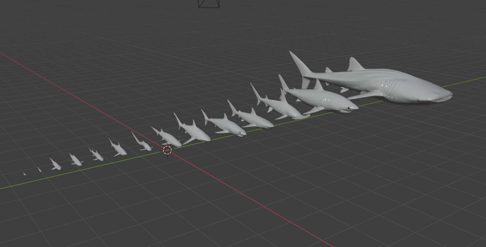 A bunch of 3D models of sharks showing the scaling law A bunch of 3D models of sharks showing the scaling law