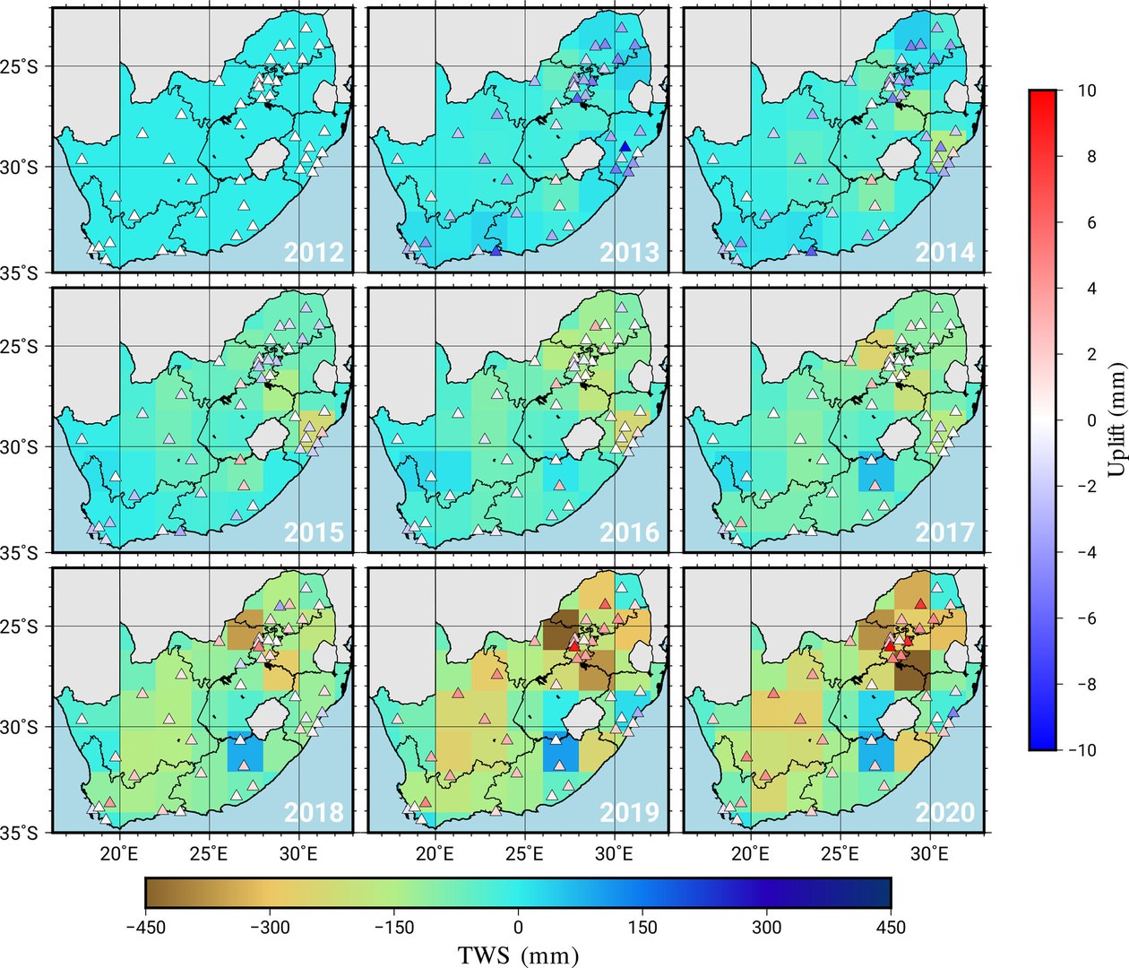 The graph shows the water losses and gains - in South Africa between 2012 and 2020. The browner the region, the higher the water loss. The triangles represent GPS stations. A red triangle means that this station has risen in height since 2012. The graph shows the water losses and gains - in South Africa between 2012 and 2020. The browner the region, the higher the water loss. The triangles represent GPS stations. A red triangle means that this station has risen in height since 2012.