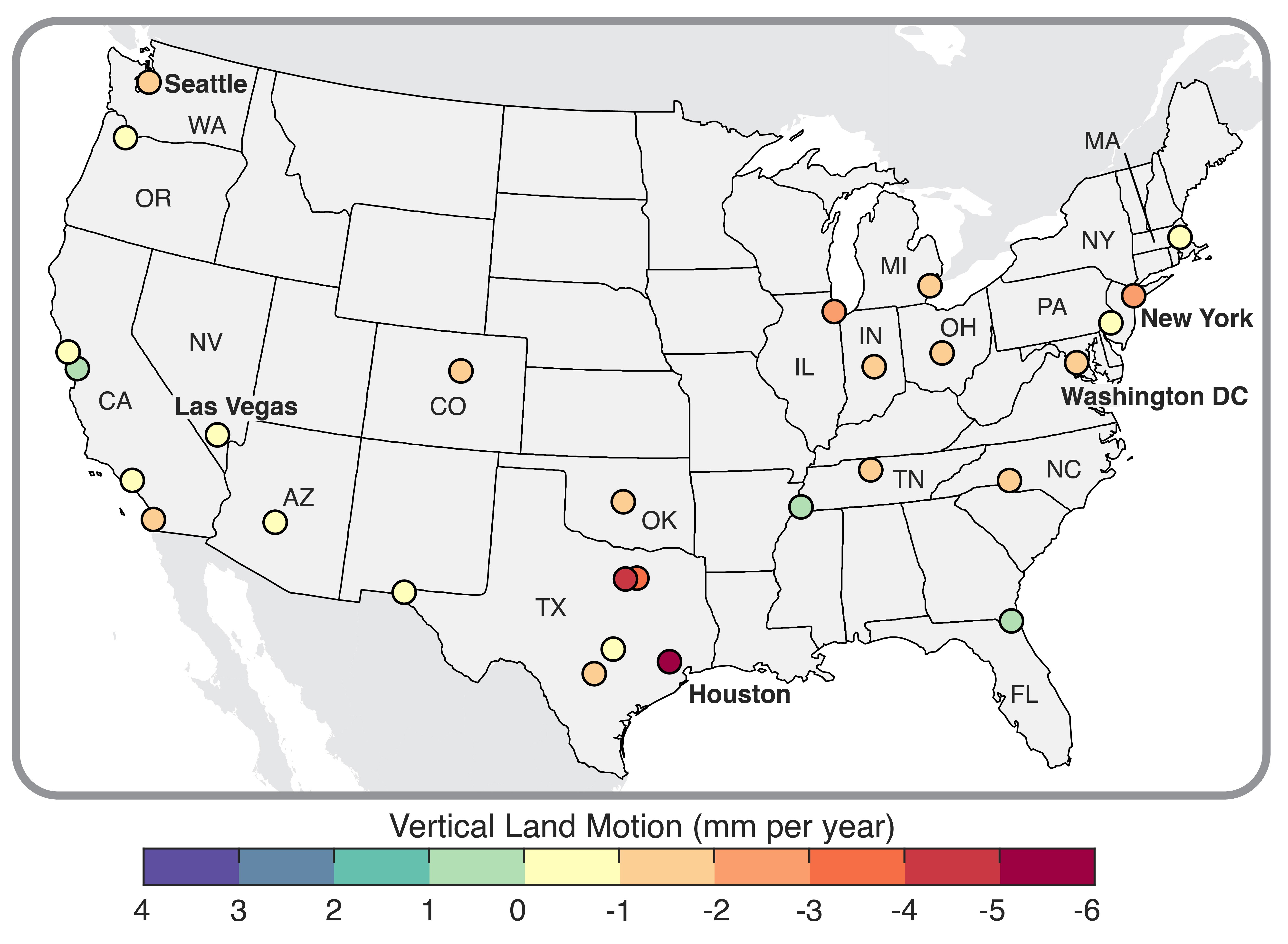 Map showing the average rate of vertical land motion for 28 U.S. cities as evaluated in this study. Map showing the average rate of vertical land motion for 28 U.S. cities as evaluated in this study.