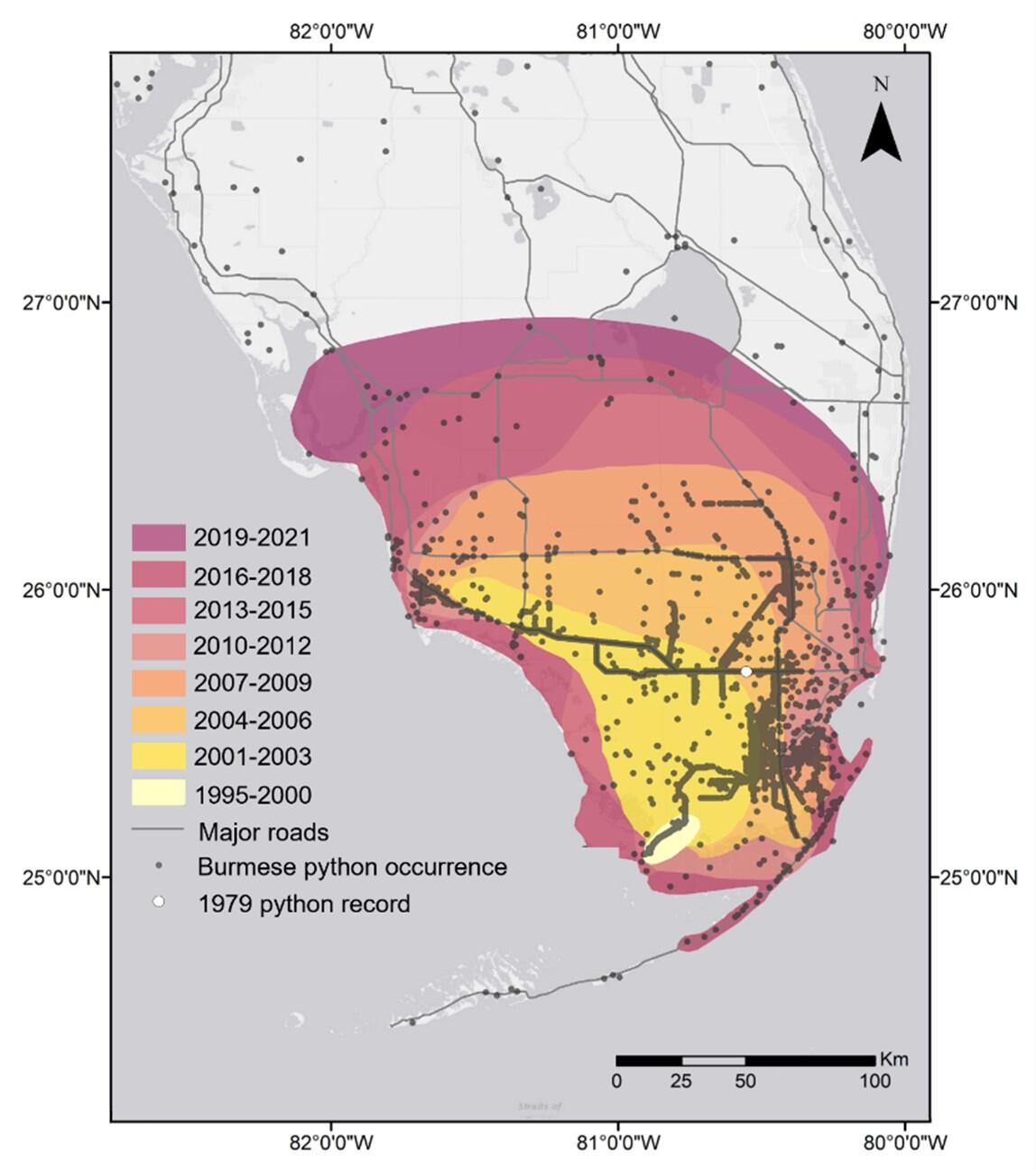 Map showing the geographic spread of Burmese python records in southern Florida between 1979 and 2021 Map showing the geographic spread of Burmese python records in southern Florida between 1979 and 2021