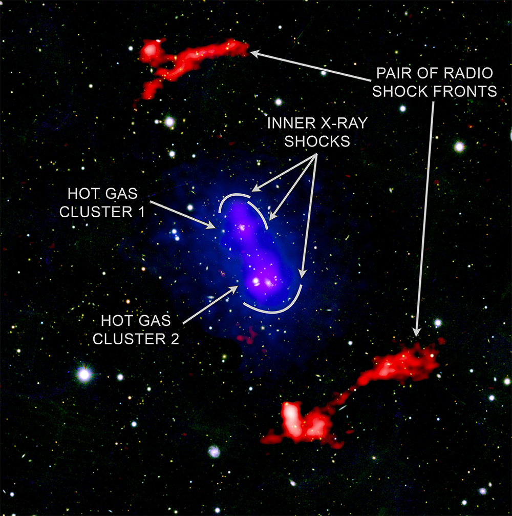 A galaxy cluster surrounded by radio shock fronts. A galaxy cluster surrounded by radio shock fronts.