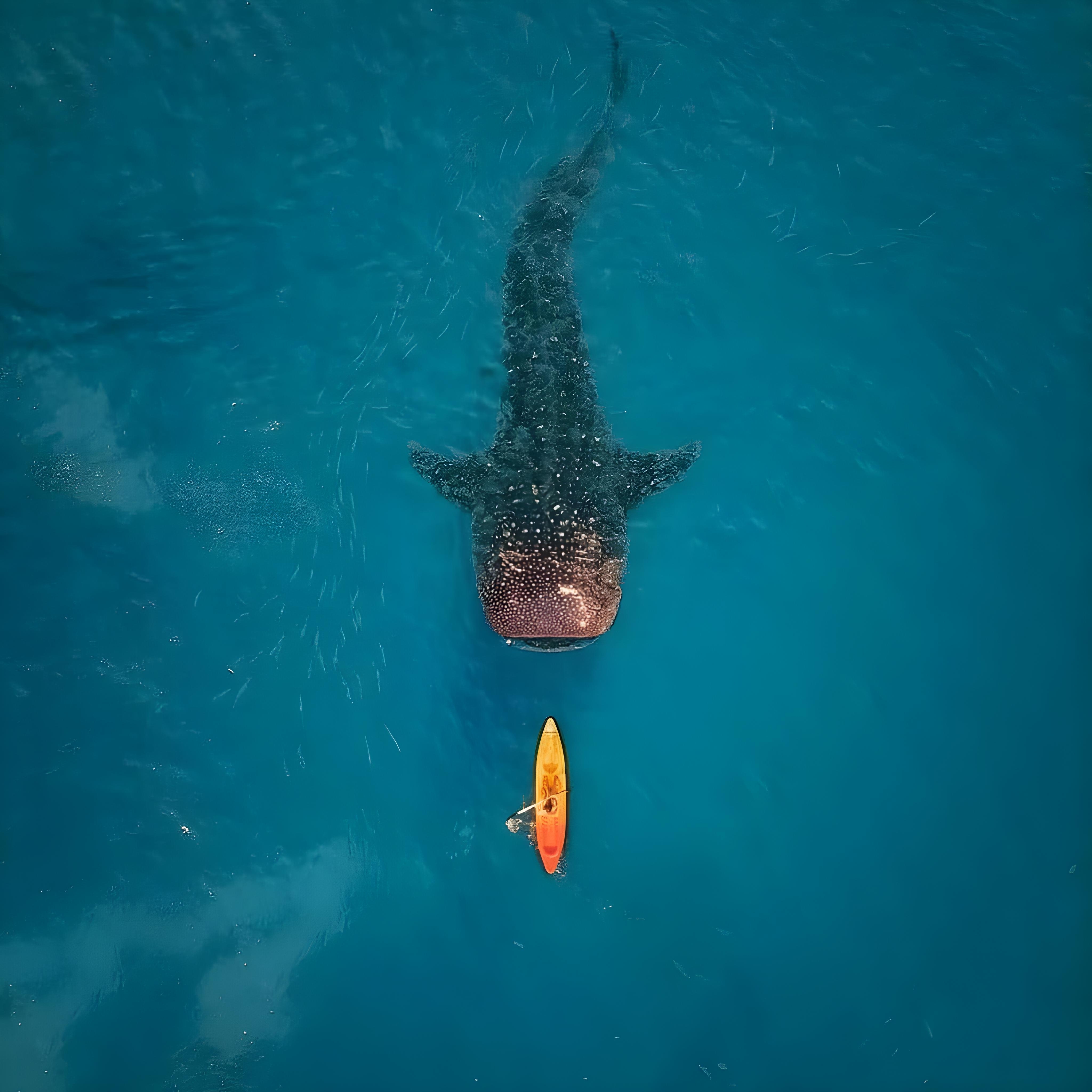 aerial photograph of a whale shark swimming behind a kayak aerial photograph of a whale shark swimming behind a kayak