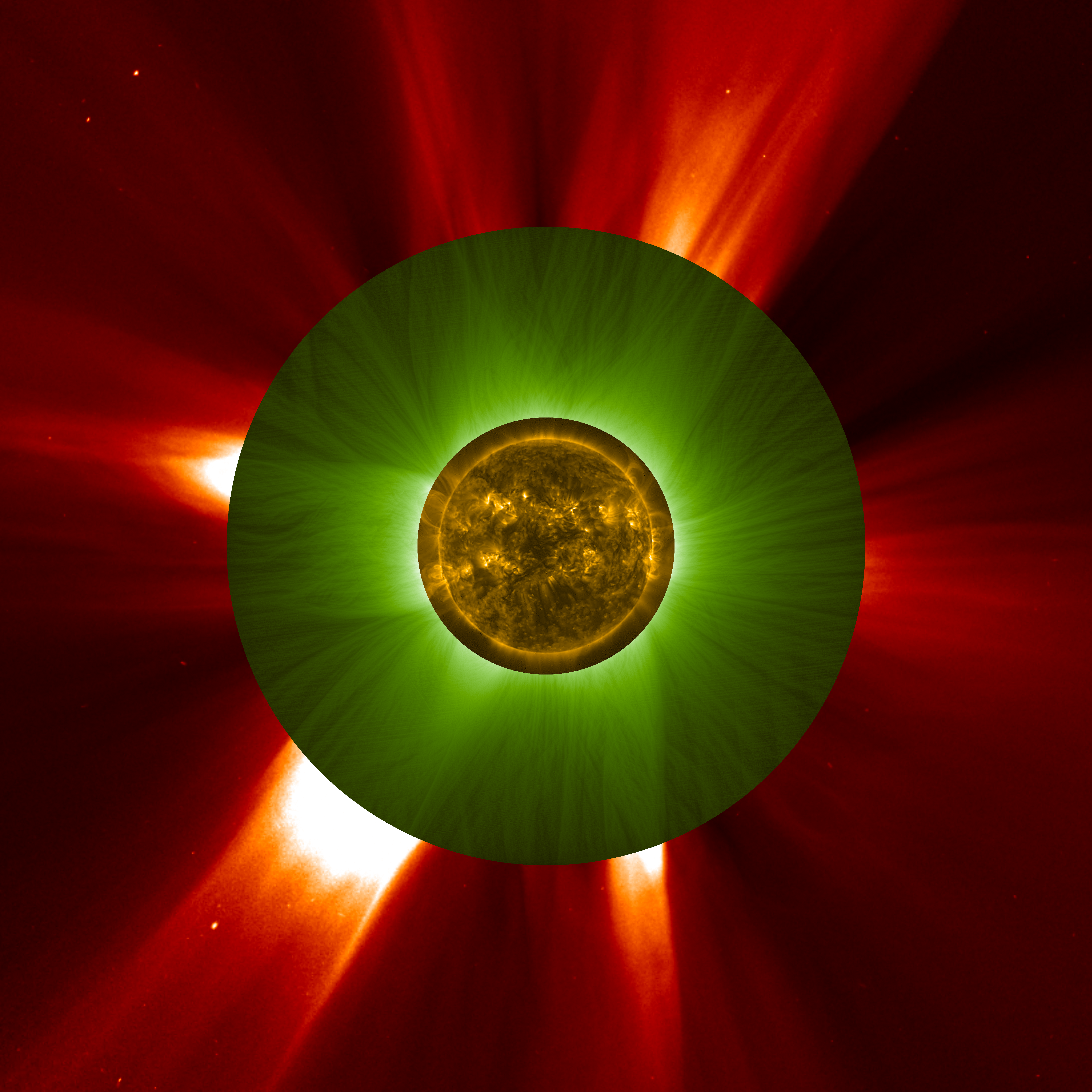 Concentric images shows the outer solar corona from SOHO, the inner one from Proba-3 and a view of the Sun from Proba-2 Concentric images shows the outer solar corona from SOHO, the inner one from Proba-3 and a view of the Sun from Proba-2