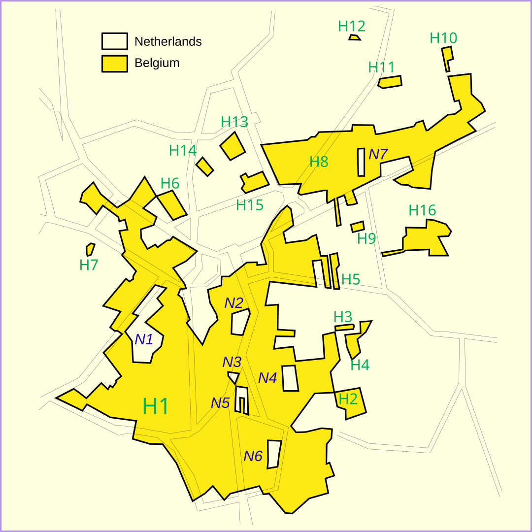 Map of Belgian and Dutch territory in Baarle-Nassau.