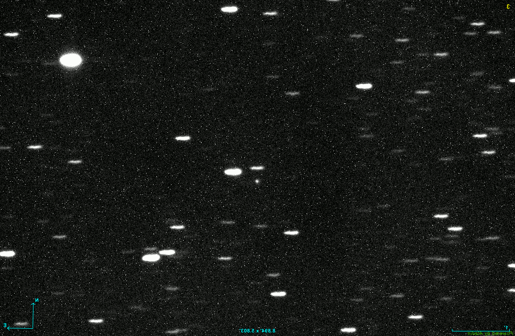 A11pl3Z seen by Deep Random Survey, Chile. The telescope is tracking the intruder, so the stars move and look stretched in 600 second exposures..