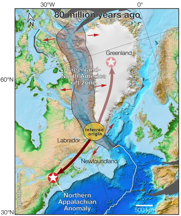 The suspected path of the North Appalachian Anomaly in relation to the rift zone where it originated and its Greenland counterpart. The suspected path of the North Appalachian Anomaly in relation to the rift zone where it originated and its Greenland counterpart.