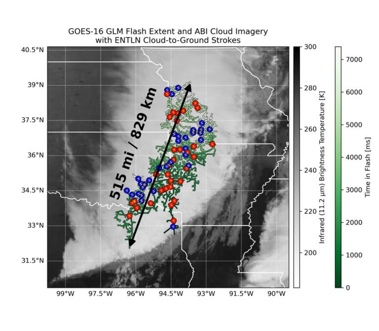 Satellite image showing the record-breaking strike stretching from eastern Texas to near Kansa City, MO during a storm on October 22, 2017. Satellite image showing the record-breaking strike stretching from eastern Texas to near Kansa City, MO during a storm on October 22, 2017.