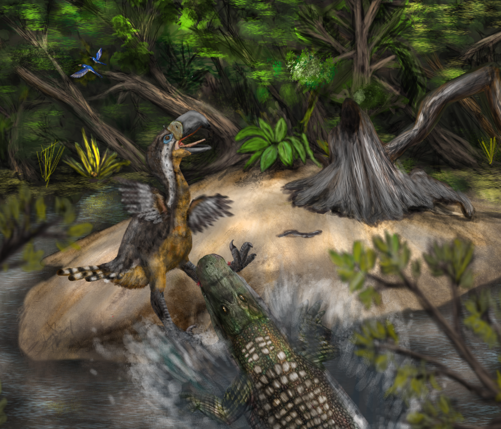 terror bird getting bitten on leg by caiman