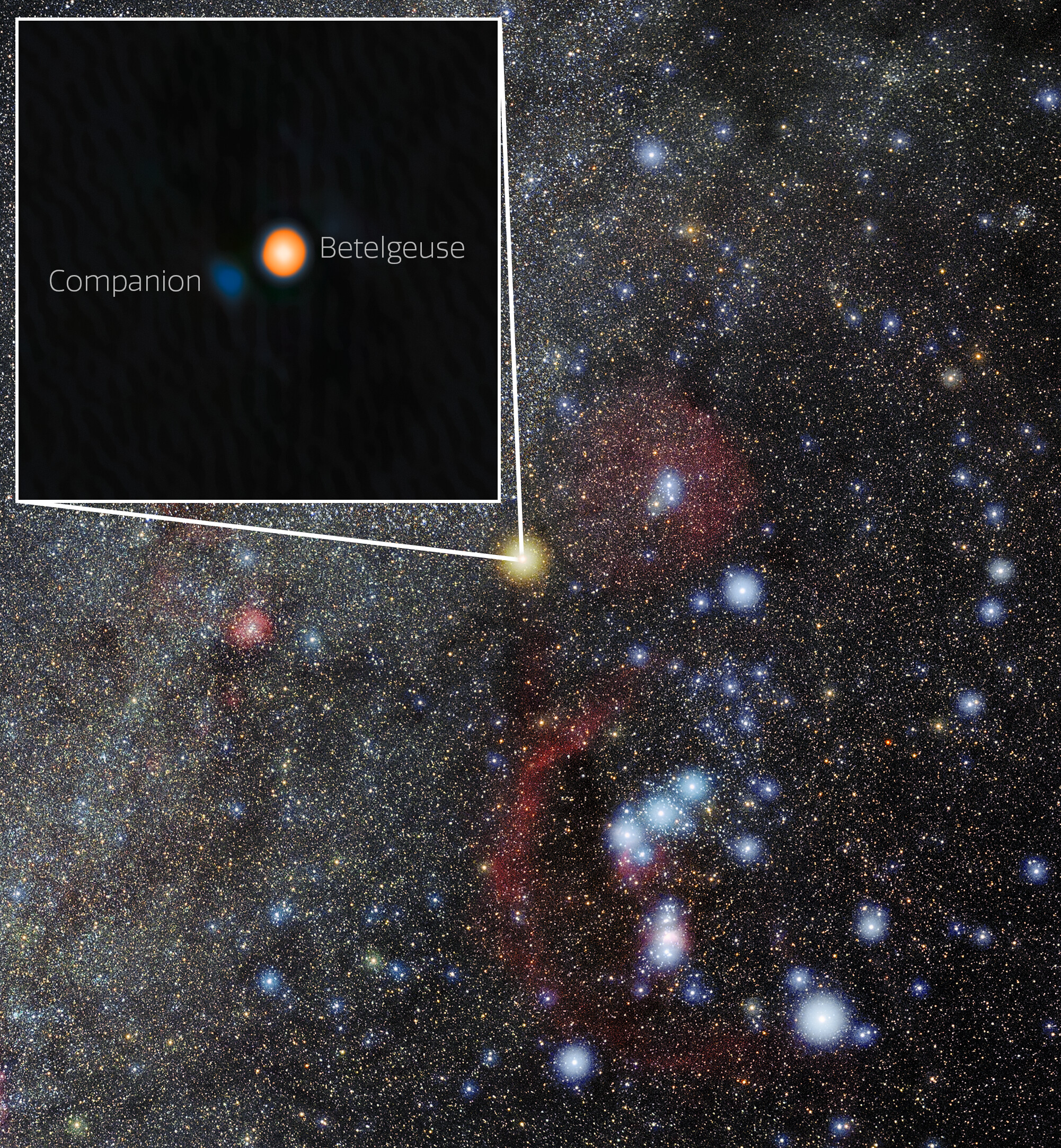 We've seeeeen things you wouldn't believe; a companion star glinting off the shoulder of Orion. The image was taken with a tight color filter and then artificially colored based on the discoverers' guess of its color We've seeeeen things you wouldn't believe; a companion star glinting off the shoulder of Orion. The image was taken with a tight color filter and then artificially colored based on the discoverers' guess of its color