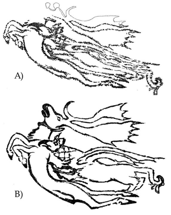 The current state of a drawing on the left forearm (A) and a reconstruction of its original state correcting for dessication The current state of a drawing on the left forearm (A) and a reconstruction of its original state correcting for dessication