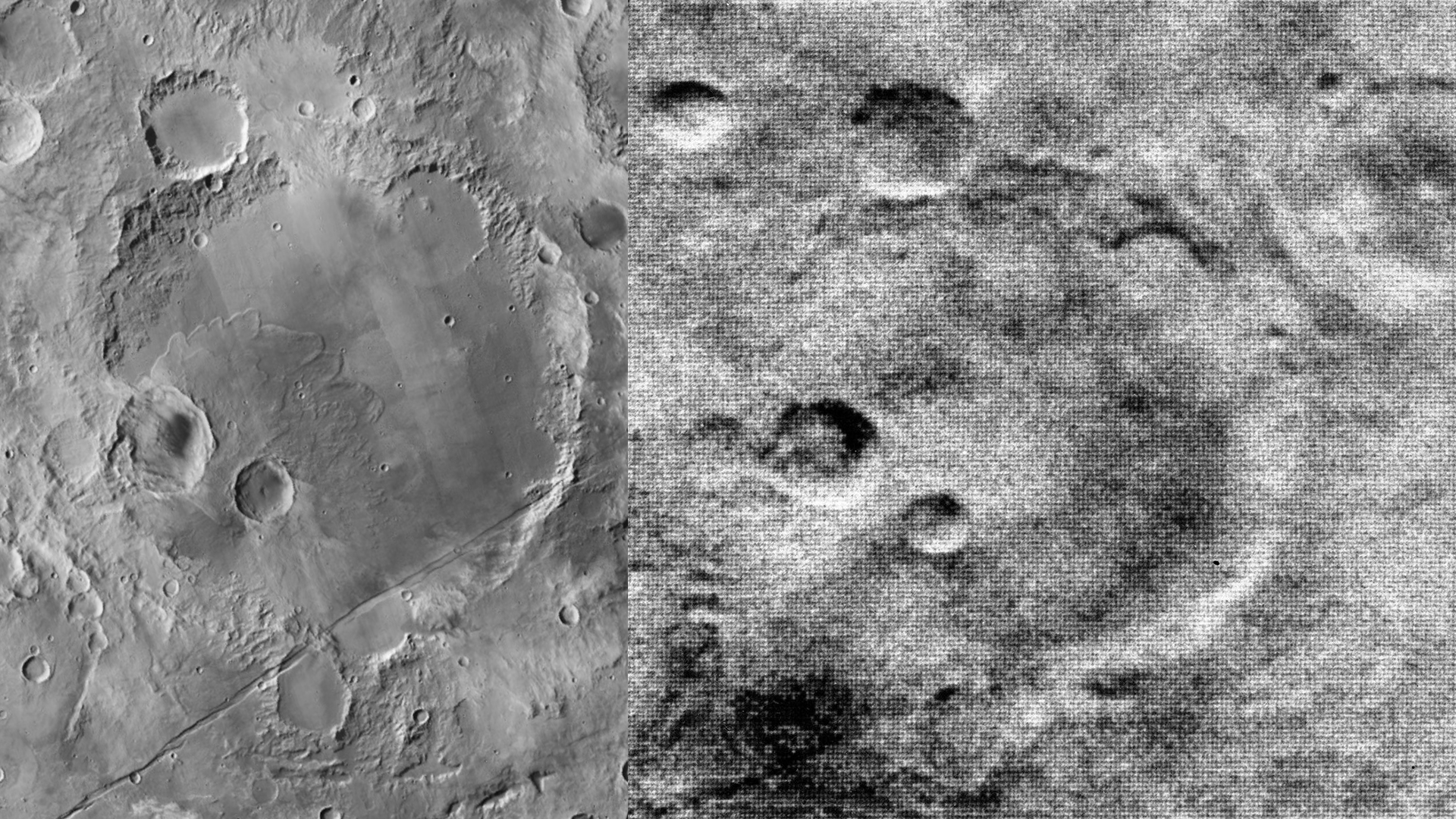 modern image of mars crater next to image taken by Mariner 4 modern image of mars crater next to image taken by Mariner 4