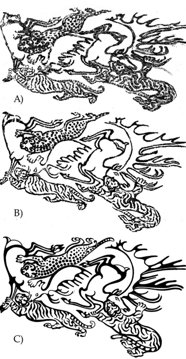 The current state of the right forearm tattoo (A) it's likely original state correcting for dessication (B) and an idealised drawing of the same picture (C) The current state of the right forearm tattoo (A) it's likely original state correcting for dessication (B) and an idealised drawing of the same picture (C)