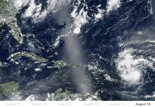 A gif showing the satellite images of Hurricane Erin progressing from the Atlantic towards the Caribbean islands. The storm becomes larger as it moves and then swoops northwards before making landfall. At the bottom of the image, there are dates extending from August 14 to August 19. A gif showing the satellite images of Hurricane Erin progressing from the Atlantic towards the Caribbean islands. The storm becomes larger as it moves and then swoops northwards before making landfall. At the bottom of the image, there are dates extending from August 14 to August 19.