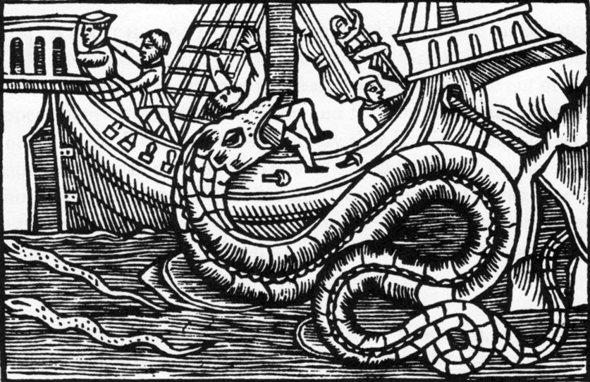 A woodcut of a coiled snake-like creature reaching out of the water and grabbing a person off a ship. There are other people on the ship attempting to escape its monstrous maw. 