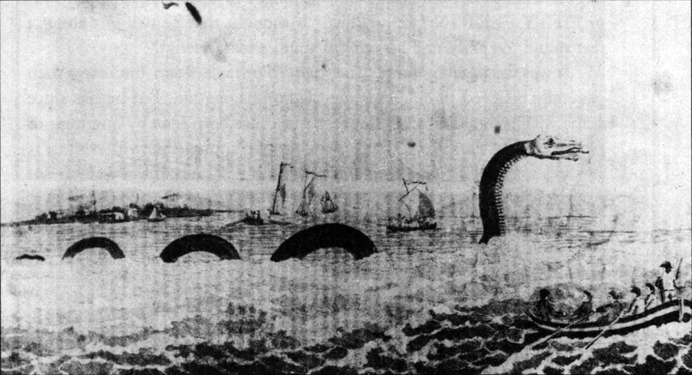 A black and white drawing showing a large snake-like creature at the surface of the water. It is depicted as having a snake like head which is arching out of the water and it is being trailed by four increasingly small arches. In the foreground, there are several people in a boat that are depicted as being smaller than the head of the beast. There are sailing ships in the background. 