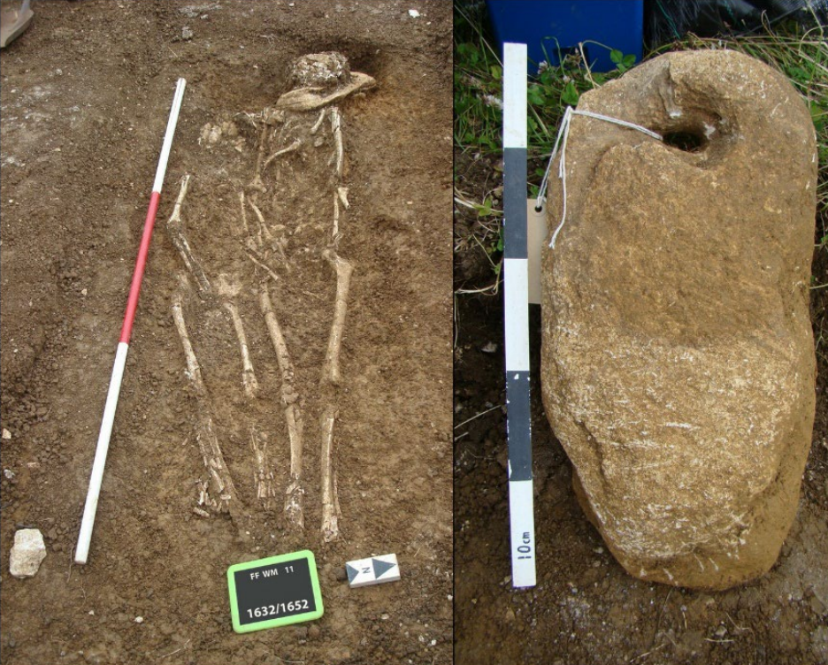 Human skeletal remains in a double burial at the Worth Matravers cemetery, along with the anchor stone found underneath the older individual’s head. Human skeletal remains in a double burial at the Worth Matravers cemetery, along with the anchor stone found underneath the older individual’s head.