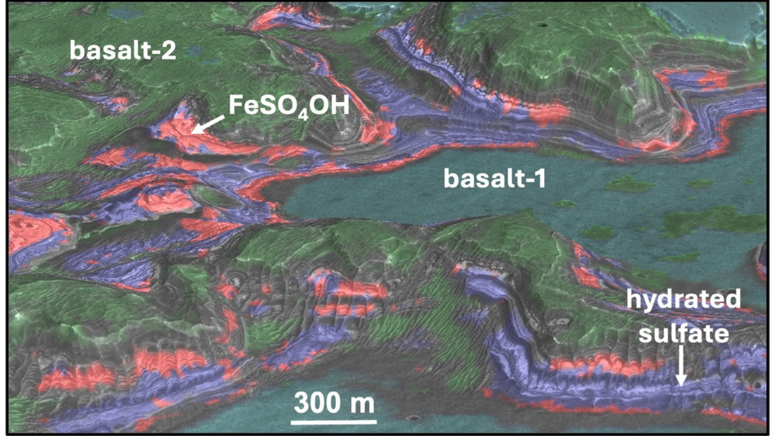 View of Mars showing the FeSO4OH, basalt, and hydrated sulfate deposits. View of Mars showing the FeSO4OH, basalt, and hydrated sulfate deposits.