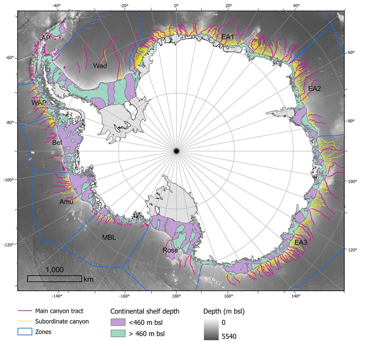 A map from the new study showing the underwater canyons emitting from Antarctica