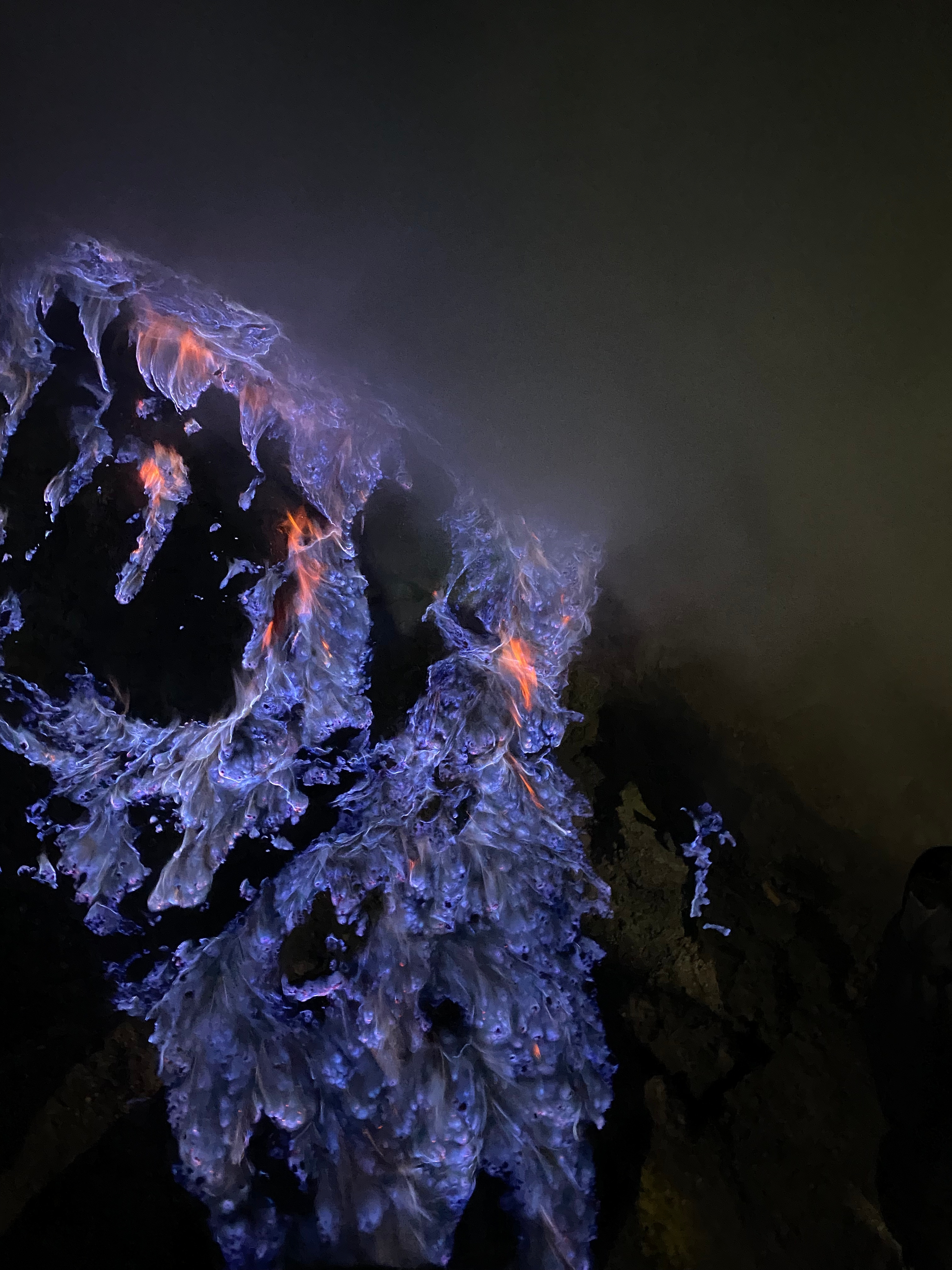 Flames on the lava at Ijen seen up close.