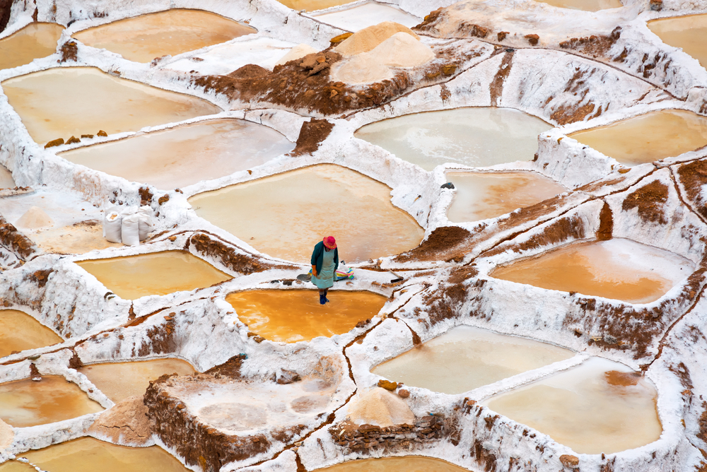 In the dry season the best quality salt is obtained witha white or pink colour, while in the rainy season the salt shows tones of brown. 