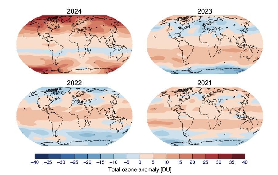 Satellite data showing total ozone anomoly shows the year-to-year variability of the ozone layer