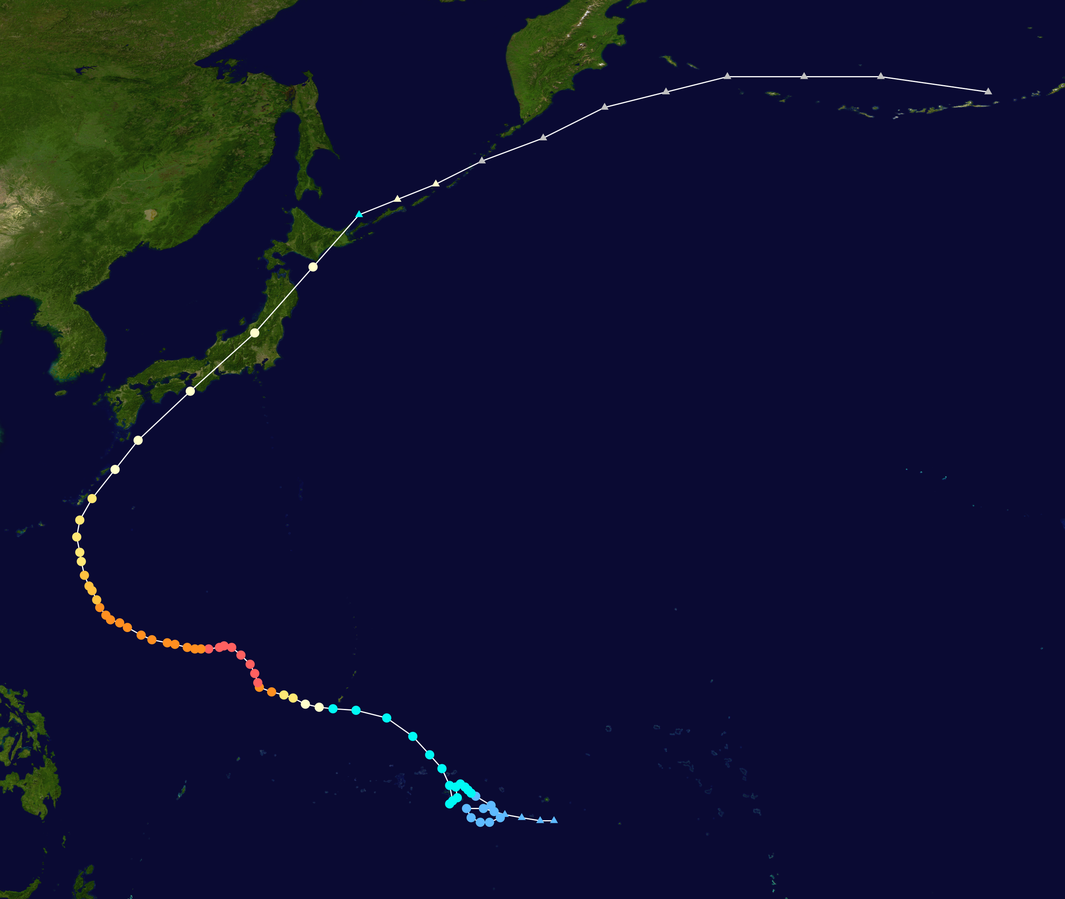 Map of Typhoon Tip's path, showing the location of the storm at 6-hour intervals. Map of Typhoon Tip's path, showing the location of the storm at 6-hour intervals.