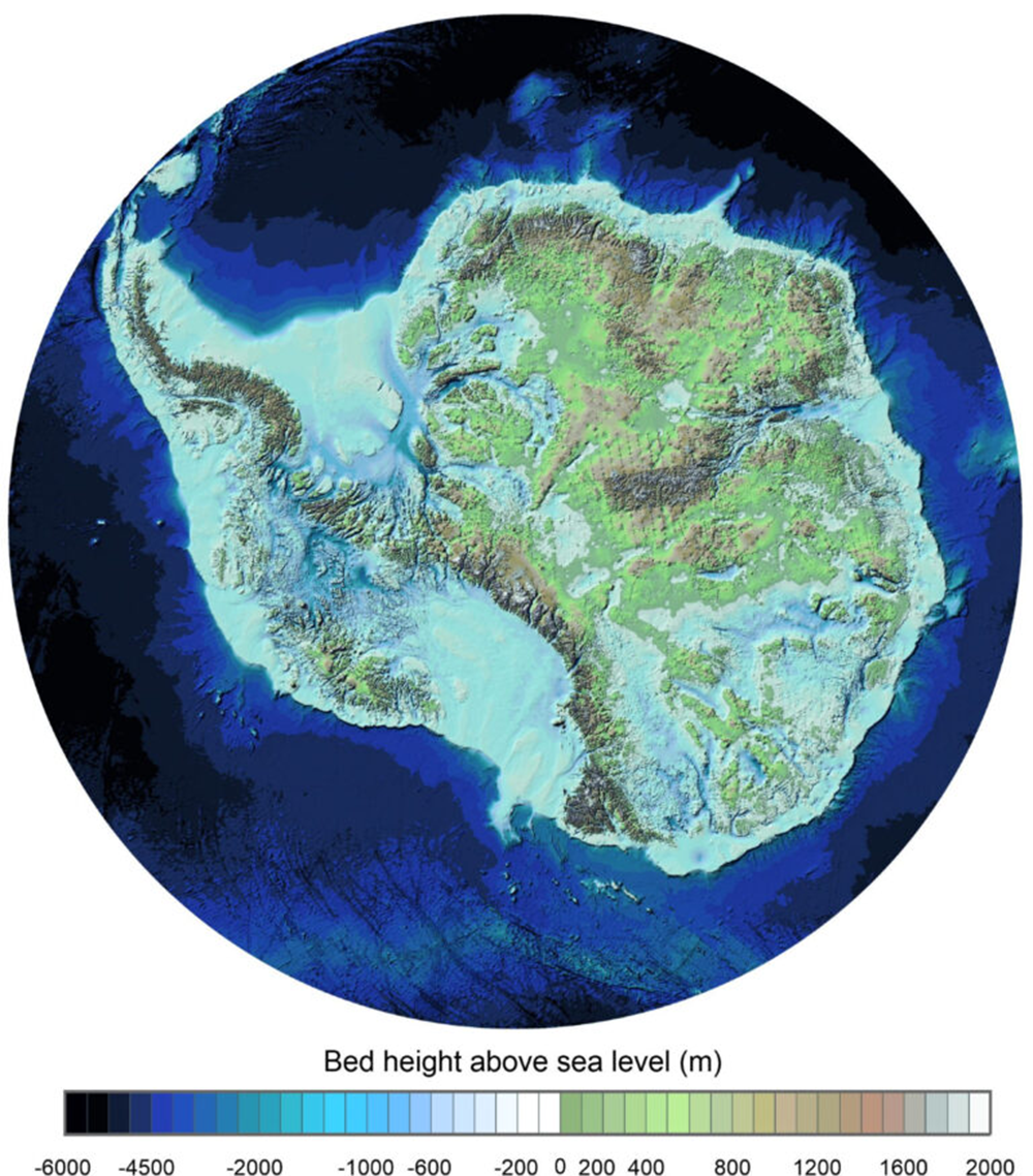 Map of the continent beneath the Antarctic Ice.