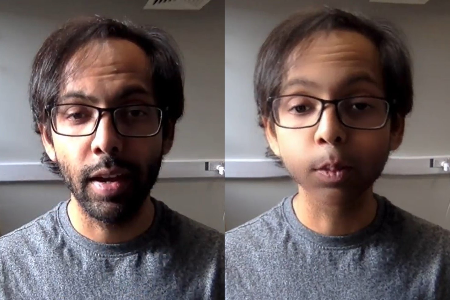 two images side by side of the same man, wearing spectacles. The right photo has a 