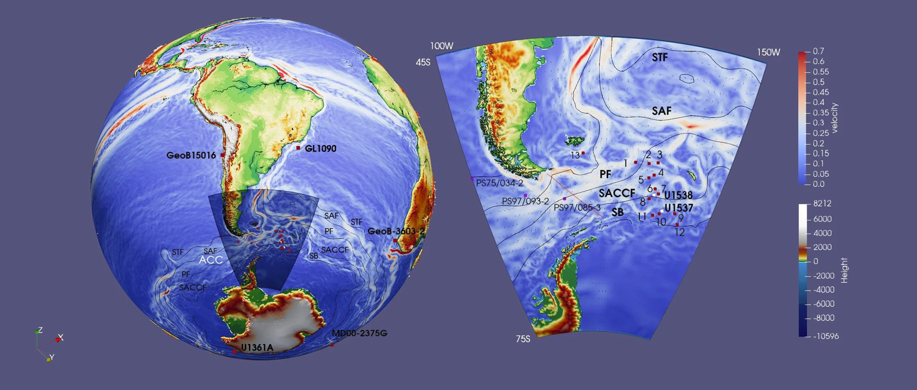 The maps show today’s (Holocene) global ocean surface currents - warmer red colors represent higher current velocities. The black lines are the five main fronts of the Antarctic Circumpolar Current (ACC), from north to south. The maps show today’s (Holocene) global ocean surface currents - warmer red colors represent higher current velocities. The black lines are the five main fronts of the Antarctic Circumpolar Current (ACC), from north to south.