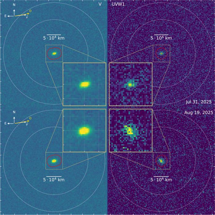 four panels show the comet. The visible light is unchanged in the two views, the comet is like a pixelated bean. The UV change more with more activity in the more recent observation. four panels show the comet. The visible light is unchanged in the two views, the comet is like a pixelated bean. The UV change more with more activity in the more recent observation.
