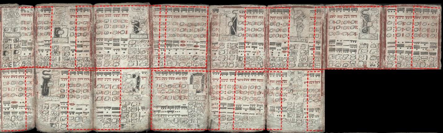 The 8 pagess divded in multiple boxes shows the mayan ieroglyps corresponding to the lunar phases and eclipses. The 8 pagess divded in multiple boxes shows the mayan ieroglyps corresponding to the lunar phases and eclipses.
