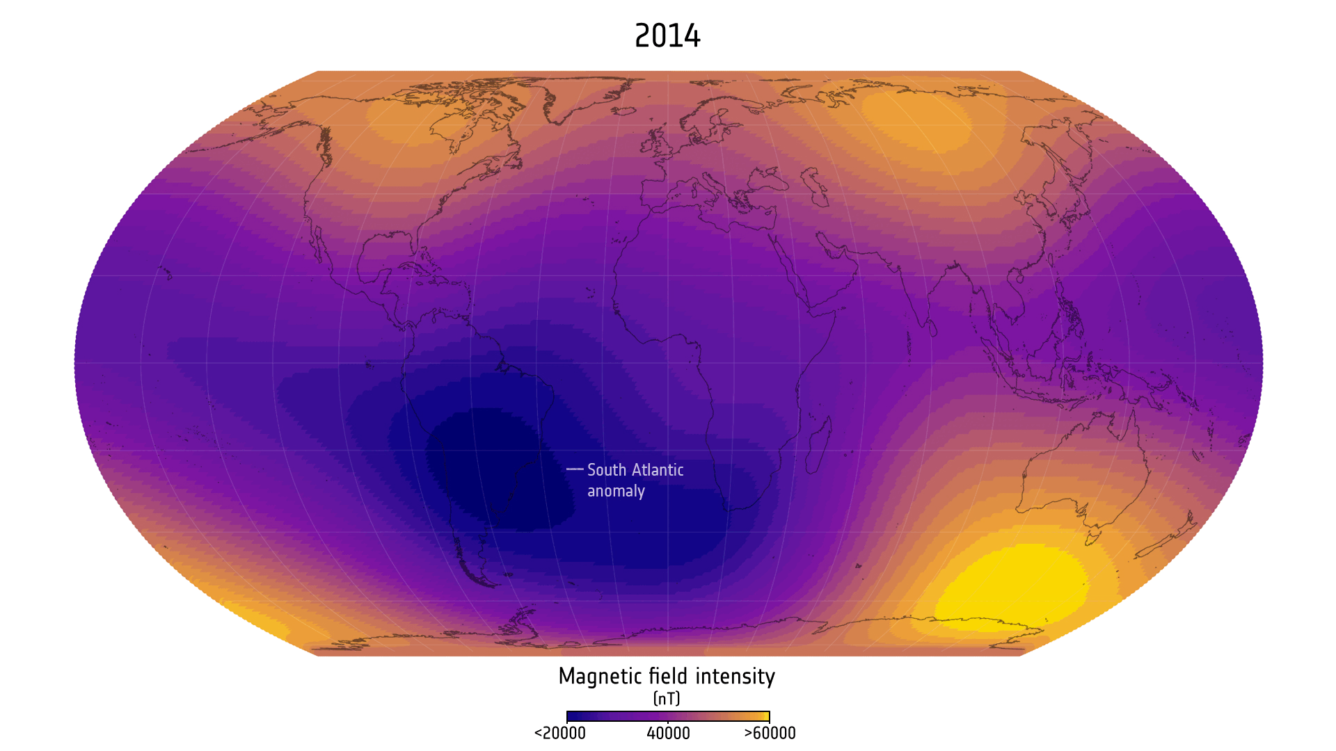 A comparison of the size and shape of the South Atlantic Anomaly in 2014 and today. A comparison of the size and shape of the South Atlantic Anomaly in 2014 and today.