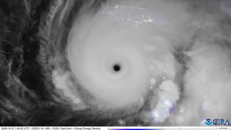 Abundant lightning flashes within the eye wall of Hurricane Melissa, a Category 5 storm. Abundant lightning flashes within the eye wall of Hurricane Melissa, a Category 5 storm.