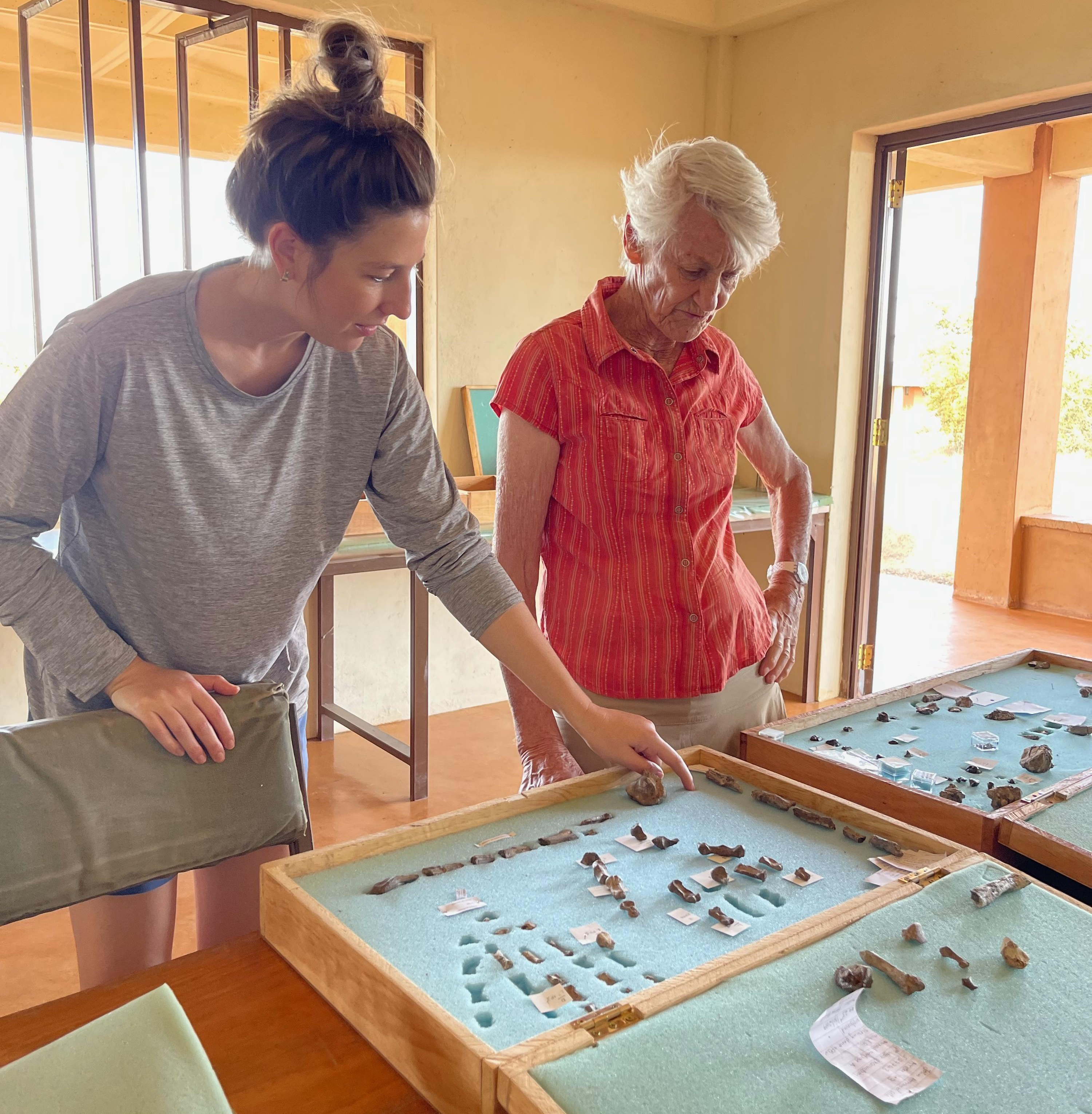 First author Dr Carrie Mongle points out the bones to anthropologist Maeve Leakey, daughter-in-law of Mary Leakey, who discovered the first Paranthropus boisei skull. First author Dr Carrie Mongle points out the bones to anthropologist Maeve Leakey, daughter-in-law of Mary Leakey, who discovered the first Paranthropus boisei skull.